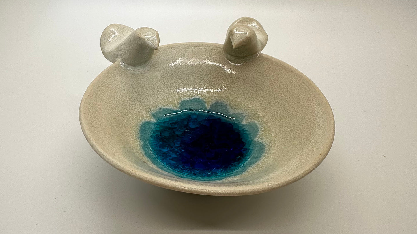 Love Bird Porcelain Trinket Bowl w Melted Glass Center
