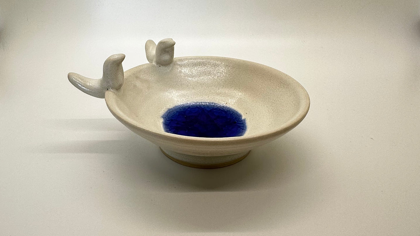 Love Bird Porcelain Trinket Bowl w Melted Glass